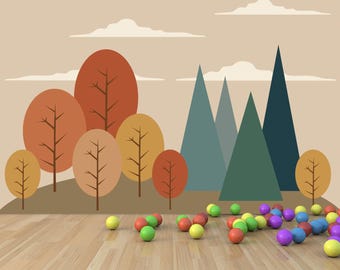 Minimalist Forest Wallpaper Mural, Scandinavian Kids Room Wall Decor, for Nursery, Playroom, Bedroom
