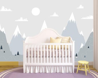 Scandinavian Mountain Wallpaper Mural, Minimalist Baby Room Wall Decor, for Nursery, Kids Room, Bedroom