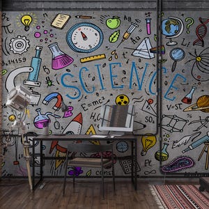Science Wallpaper Mural, Colorful Educational Doodle Wall Poster