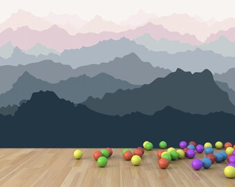 Pastel Mountains Wallpaper Mural, Minimal Landscape Illustration Wall Decor, for Kids Room, Nursery, Bedroom