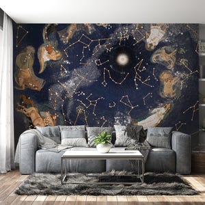 Zodiac Constellations Wallpaper Mural, Celestial Astrology Wall Decor, for Living Room, Bedroom, Studio