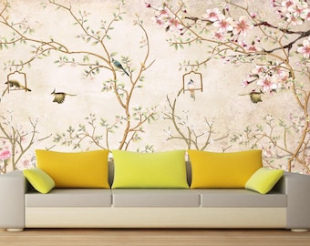 Birds and Blossom Floral Wallpaper Mural Vintage Botanical Poster for Living Room, Bedroom, Lounge