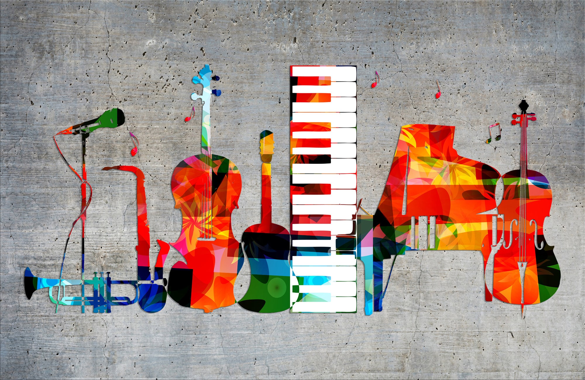 カラフルな楽器の壁紙壁画 / 音楽とアートの壁紙 / 音楽ポスター