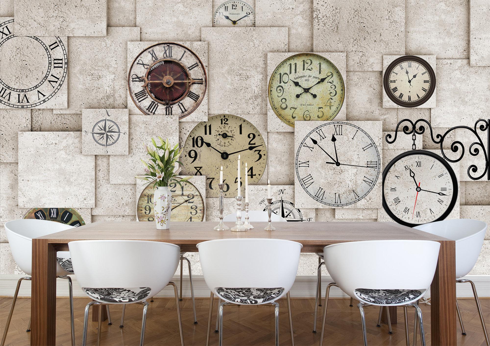 Vintage Wall Clocks Wallpaper Mural, Retro Timepiece Collage Poster for ...