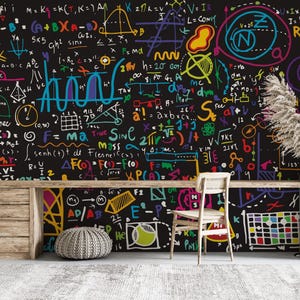 Colorful Physics Formulas Chalkboard Wallpaper – Educational Math and Science Mural for Classroom, Study Room