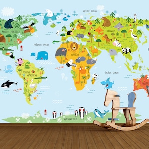 Animals World Map Kids Room Wallpaper Poster / Dieren Wereldkaart Kinderkamer Behang / Tiere Weltkarte Kinderzimmer Tapete / Papier Peint