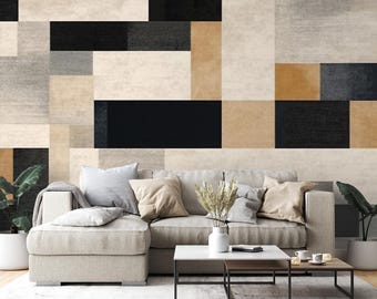 Modern Geometric Wall Mural, Neutral Abstract Wallpaper for Living Room or Office