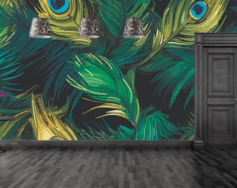 Papier Peint Mural Décoratif 3D Plume De Paon - Autocollant Mural - Dimensions Personnalisables