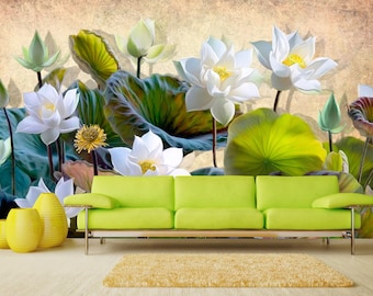 Mural de papel tapiz con diseño de flor de loto, decoración floral botánica para sala de estar, dormitorio y spa.