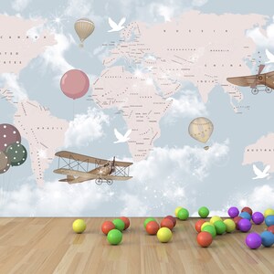 Kinderzimmer Weltkarte Tapete Wandbild / Baby Zimmer Welt Hintergrundbilder / Weltkarte mit Ballons Poster / Baby Zimmer Wandbild / Kinder Zimmer Wallpaper