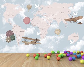 Kids Room World Map Wallpaper Mural / Baby Room World Wallpaper / World Map With Balloons Poster / Baby Room Mural / Kids Room Wallpaper