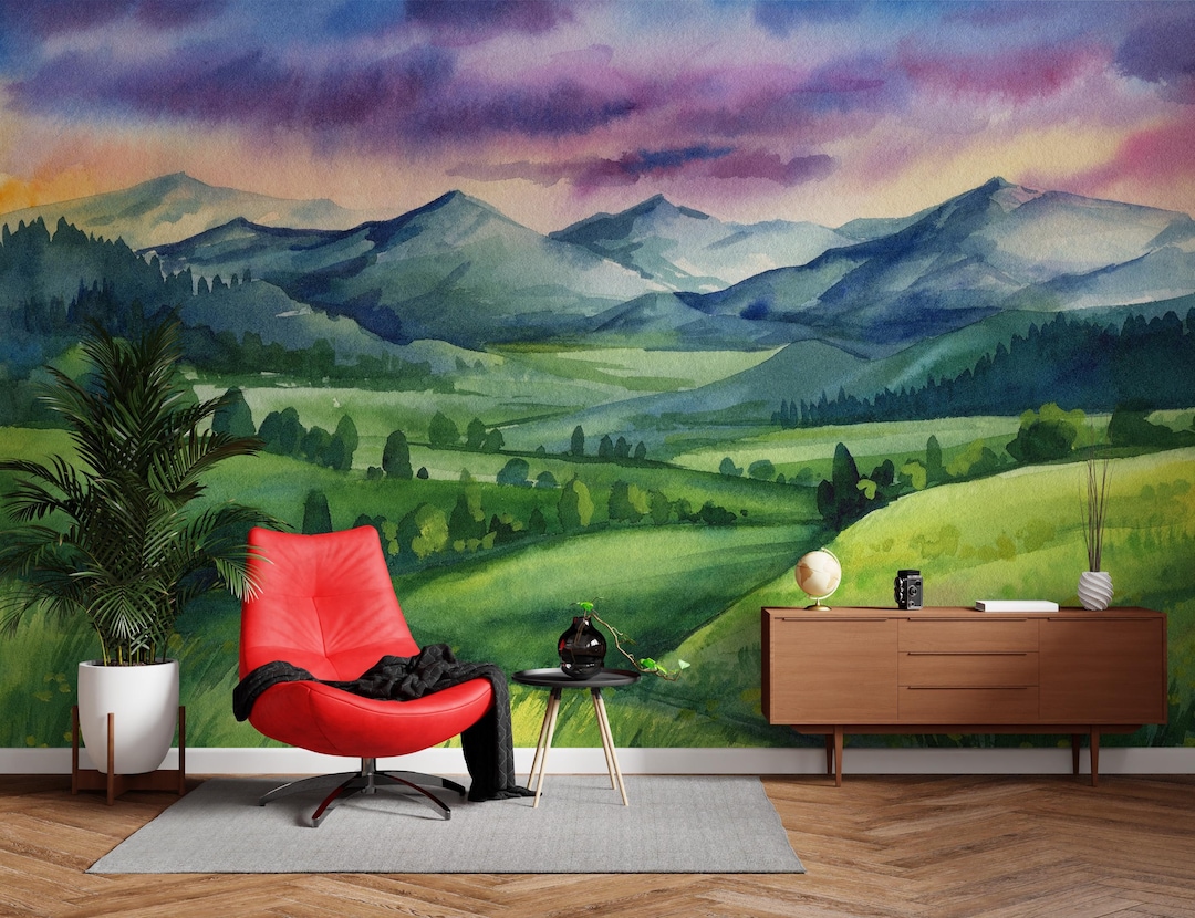 Mountain Landscape Wallpaper Mural, Watercolor Nature Wall Decor, for ...