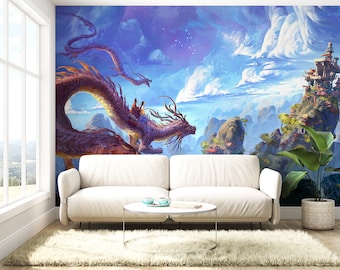 Dragon&#39;s Tale: Anime met Dragon Wallpaper muurschildering | Fantasiedraakkunstwerk voor woondecoratie en fantasieliefhebbers