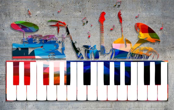 音楽室向けのカラフルなピアノと楽器のストリートアート壁紙壁画