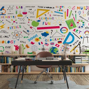 Schulfächer Tapete, buntes Lernillustrations-Wandbild, für Klassenzimmer, Kinderzimmer, Arbeitszimmer
