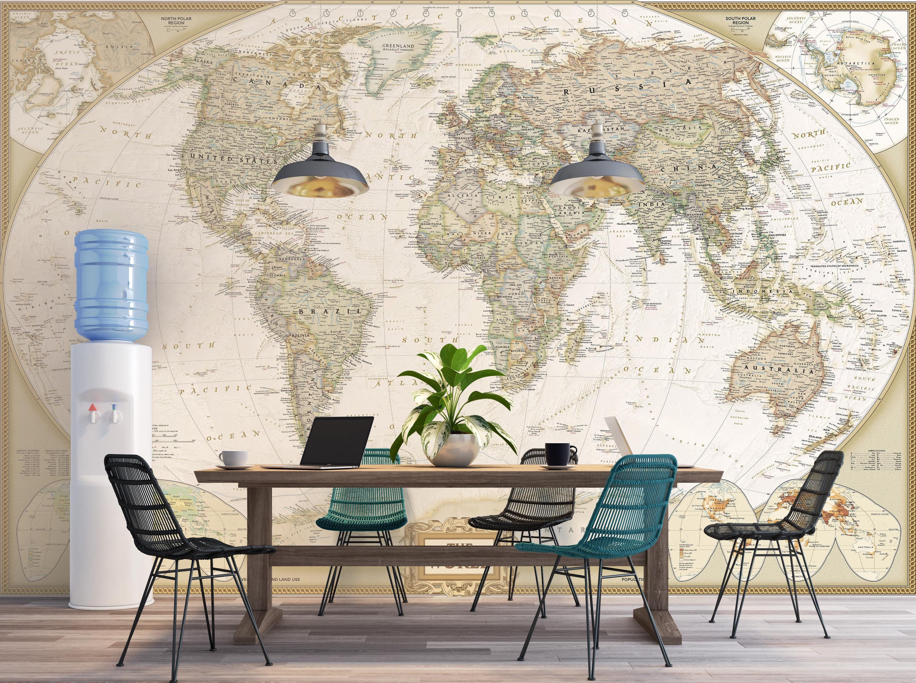 Vintage World Map Wallpaper Mural – Decorative Style Political Map Wall ...