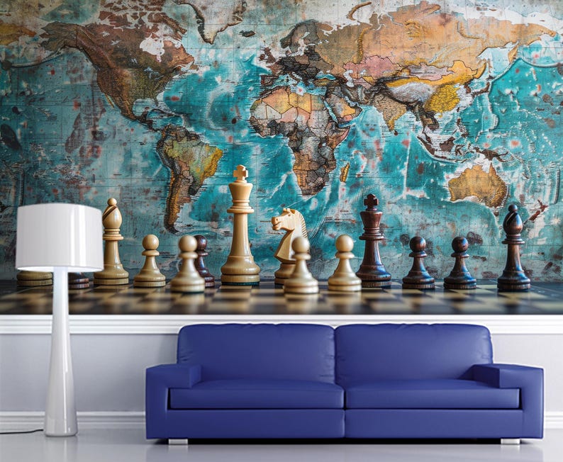 World Map Chess Wallpaper, Vintage Strategy Wall Mural for Office ...