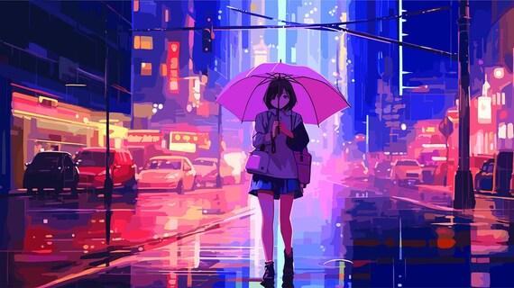 アニメ「雨の街」壁紙壁画、寝室、ティーンルーム、スタジオ用「傘