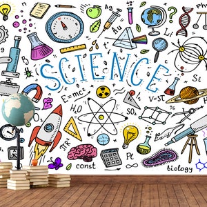 Science Figures Wallpaper Mural / School Science Room Wallpaper / Science Terms Wall Poster / Science Math Mural / Special Design Wallpaper