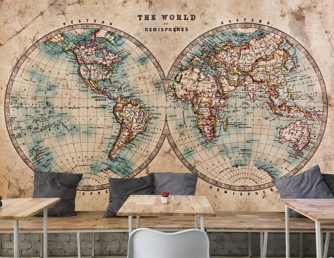 ヴィンテージの世界地図壁紙壁画、アンティークな半球地理ポスター