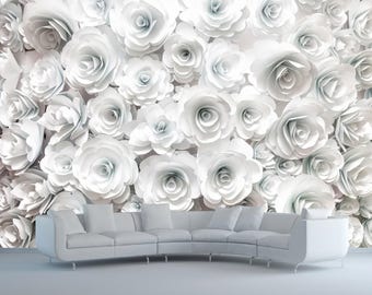 White Roses Wallpaper, 3D Floral Wall Decor, Botanical Blossom Romantic Flower Wall Mural