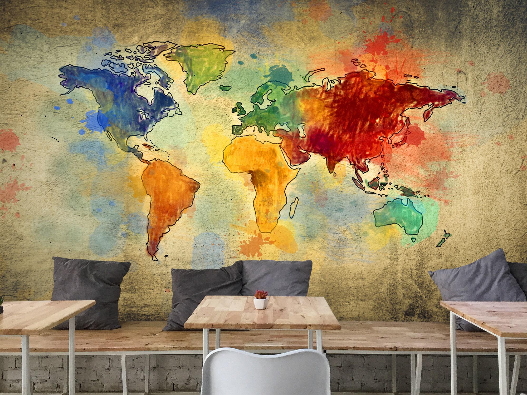 Colorful Watercolor World Map Wallpaper Mural Artistic Wall Decor for ...