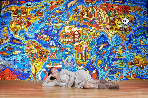 グラフィティ世界地図壁紙壁画、カラフルなストリートアートポスター