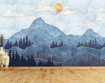 Mountain Landscape Wallpaper Mural, Watercolor Forest Wall Decor for Living Room, Bedroom, Office