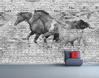 Muur met paarden Muurschildering / Muur Met Paarden Fotobehang / Wand mit Pferden Wandbild / Papier Peint / Poster