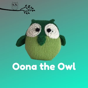 May include: A green knitted owl with white eyes and a green beak. The owl is sitting on a blue background and the text "Oona the Owl" is written below it.