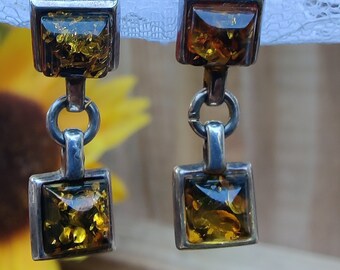 Champagne Color Rare Vintage Baltic Amber Sterling Sliver Stud Dangle Earrings