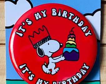 Retro Snoopy It’s my Birthday Pin - Colourful Cartoon Party Badge
