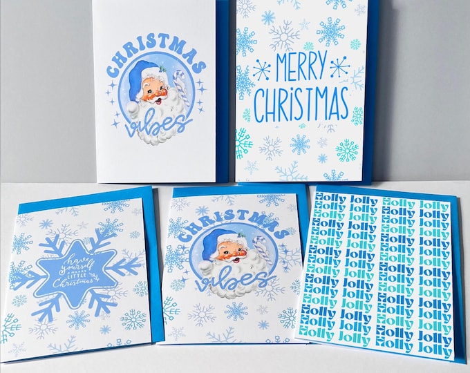 Christmas Card Set: Vintage Blue Santa Designs - Handmade Pack of 10