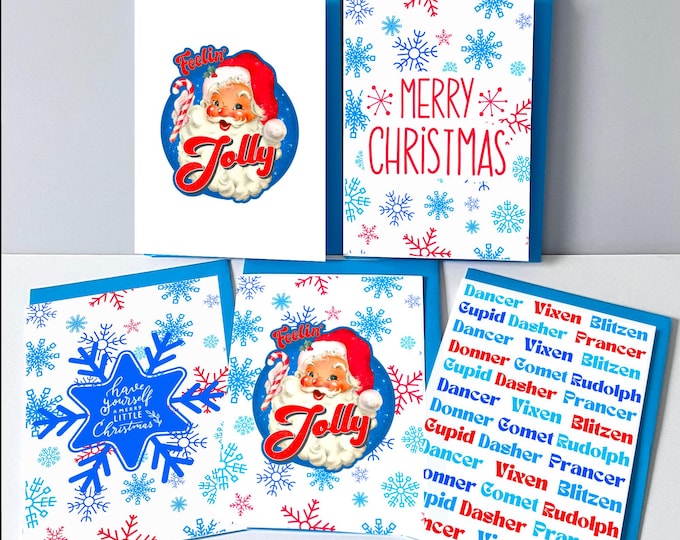 Feeling Jolly Retro Christmas Cards, Vintage Santa Designs (Pack of 10)
