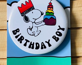 Retro Snoopy Birthday Boy Pin - Colourful Cartoon Party Badge