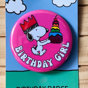 Retro Snoopy Birthday Girl Pin - Colourful Cartoon Party Badge