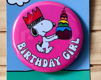 Retro Snoopy Birthday Girl Pin - Colourful Cartoon Party Badge