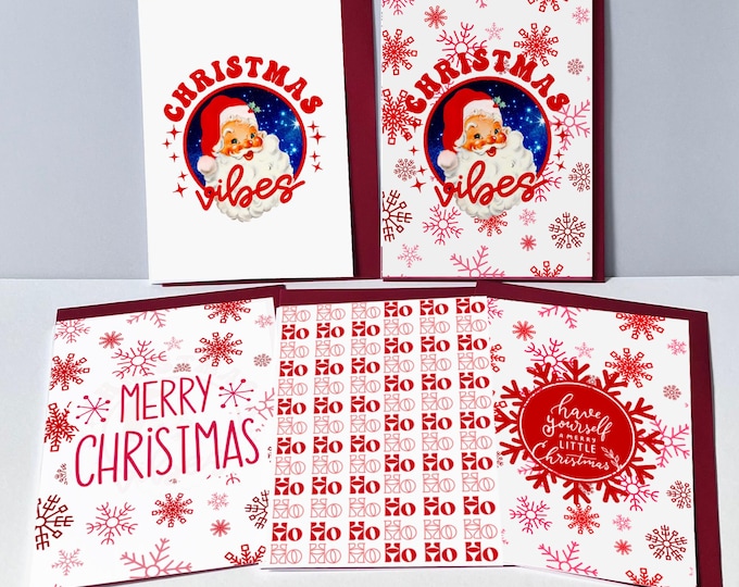 Retro Red Santa Christmas Cards: 10-Pack with 5 Unique Designs
