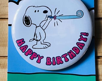 Retro Snoopy Birthday Blowout Badge - Colourful Cartoon Party Badge