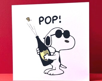 POP THE CHAMPAGNE-Snoopy Inspired Retro Greeting Card -handmade, blank inside, free personalisation