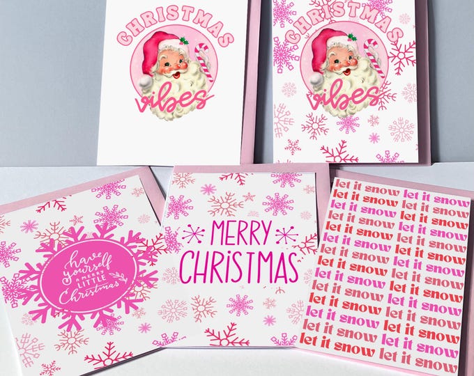 Christmas Card Set: Vintage Pink Santa - 10 Cards, 5 Designs