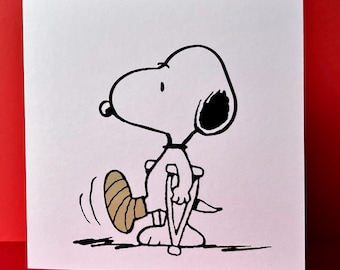 Snoopy Get Well Card | Minimalist Illustration, Crutches Design, Encouragement Card