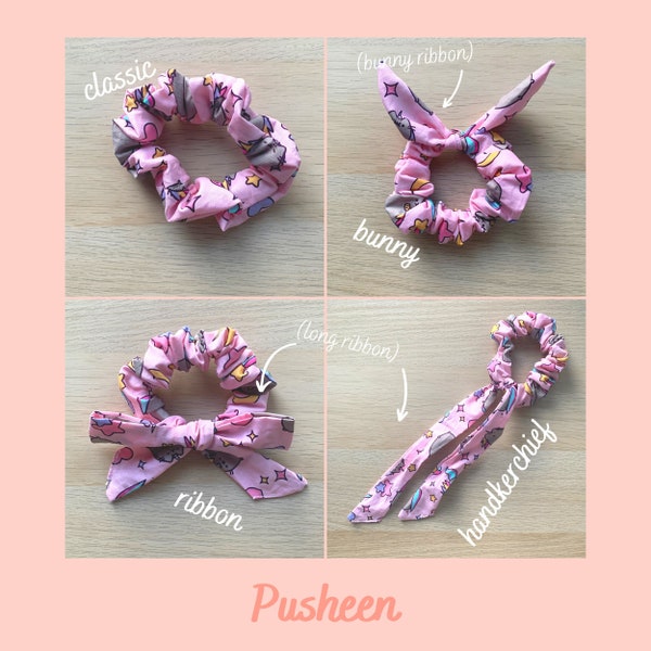 Pusheen Scrunchie with Bunny Ear Bow and Ribbon| Cute Scrunchie| Gift for girls| Teenager hair accessory| Birthday gifts| Scrunchy| Hair tie