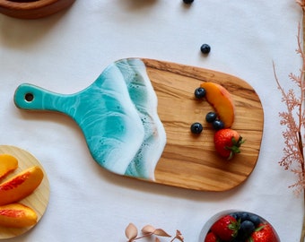 Bora Bora Small Olivewood Board. Resin Ocean Art. Custom Charcuterie Resin Board.