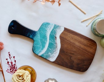 Lake Michigan Walnut Small Serving Board. Resin Ocean Art. Custom Charcuterie Resin Tray.