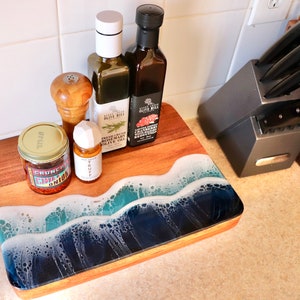 Cape Cod Acacia Serving Trivet. Resin Ocean Art. Custom Charcuterie Resin Tray.