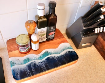 Cape Cod Acacia Serving Trivet. Resin Ocean Art. Custom Charcuterie Resin Tray.