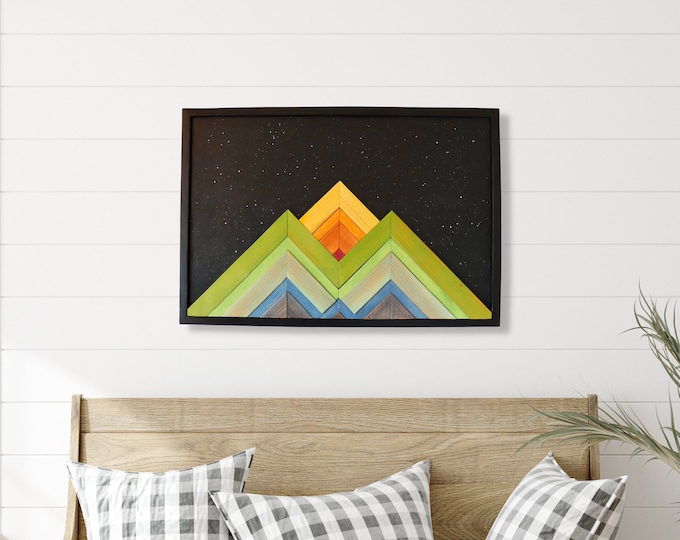 Reclaimed Wood Rainbow Mountains Featuring Textured Starry Night Sky. Framed Geometric Art.