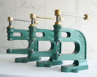 Vintage Restored Upcycled Cast Iron Rivet Press / Spindle Press  - Leatherwork Gift for Crafter Eyelet Gromet Racing Green New Life