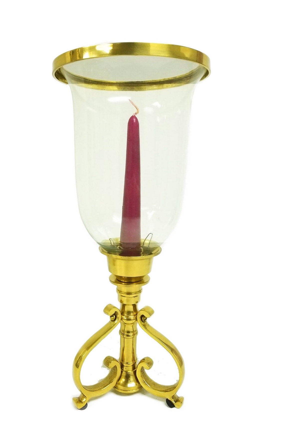 Ima Brass Solid Brass Candle Holder With Glass Hurricane and Brass Rim